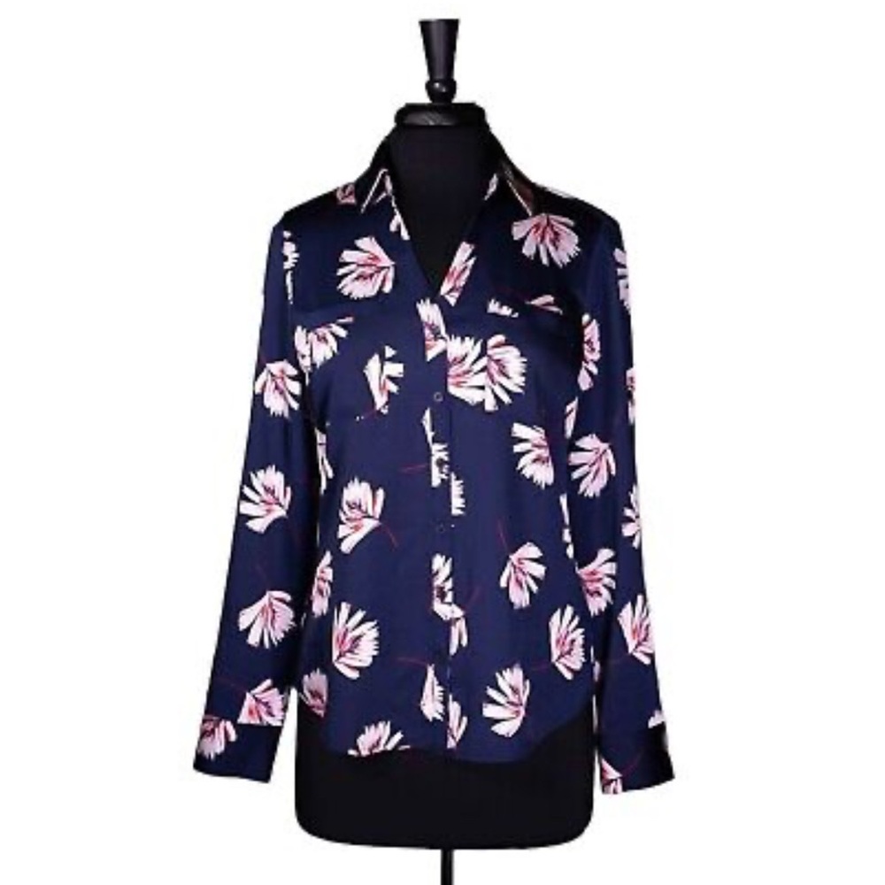 Express Blue Puff Sleeve Blouse with Mandarin Collar